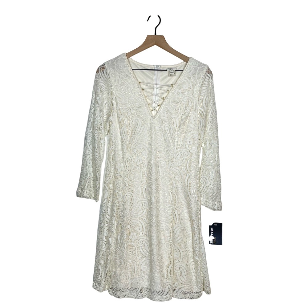 NEW En Focus Studio Floral Lace Dress Women's Size 10 Ivory Lace Up 3/4 Sleeves